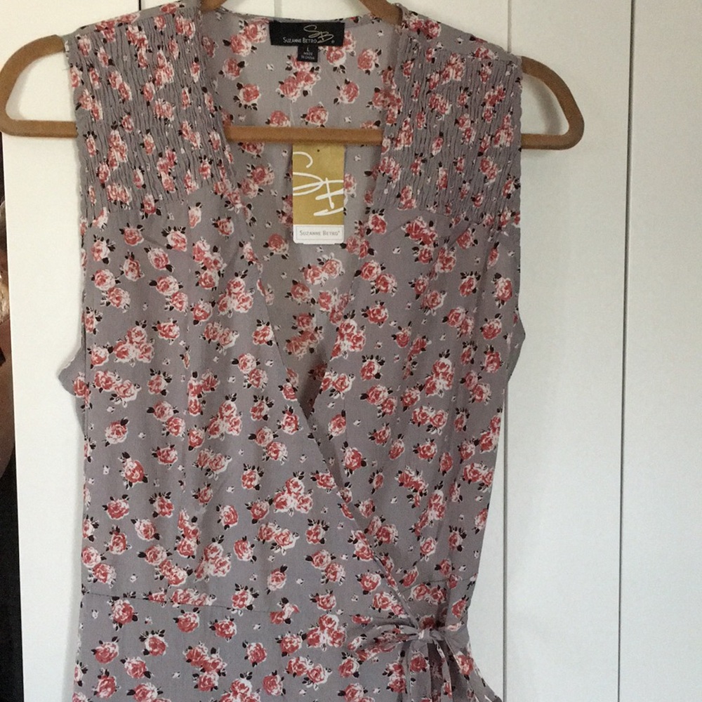 Gray pink floral wrap dress